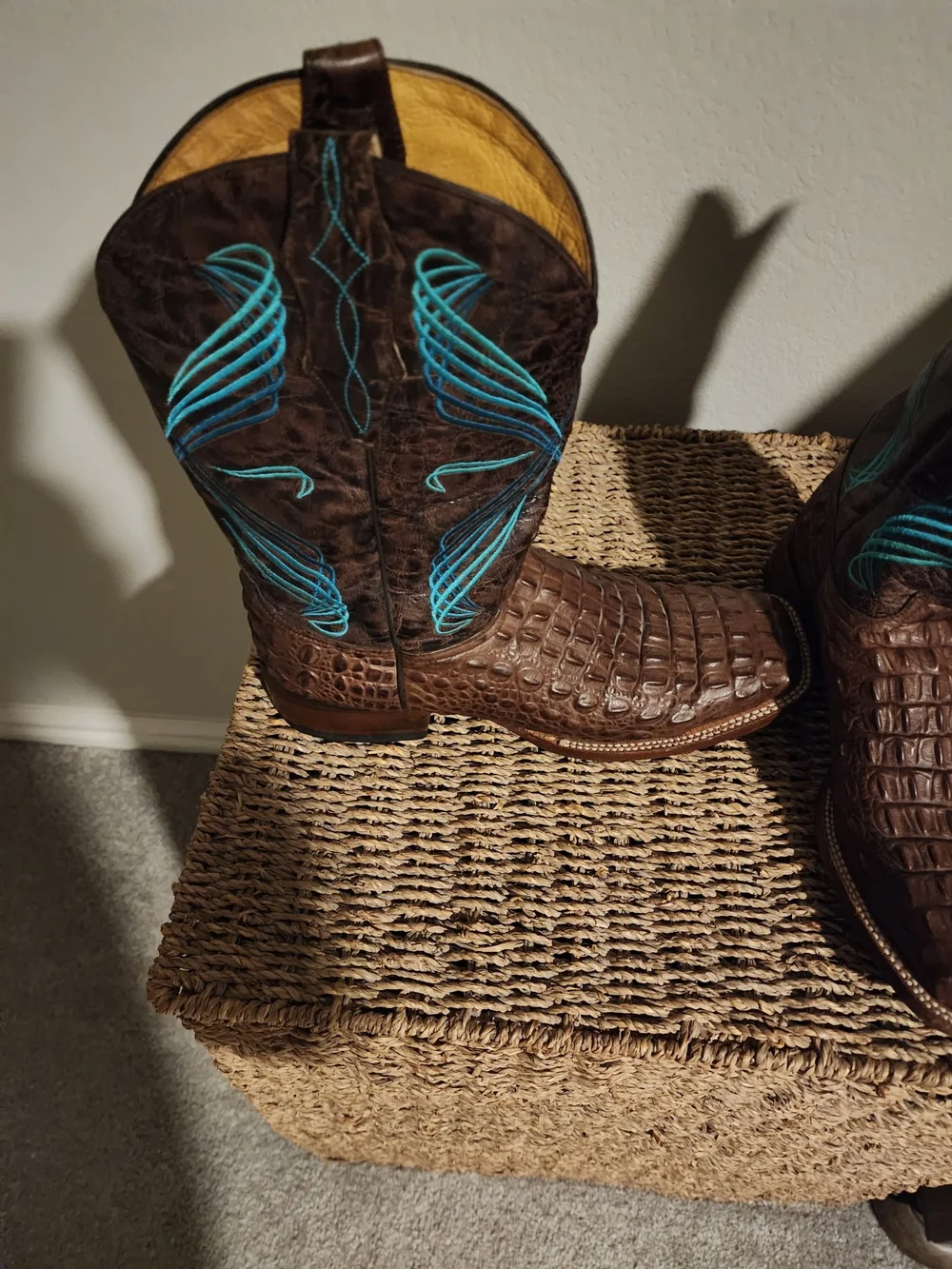 Brown Crocodile-Embossed Western Boots with Turquoise Stitching